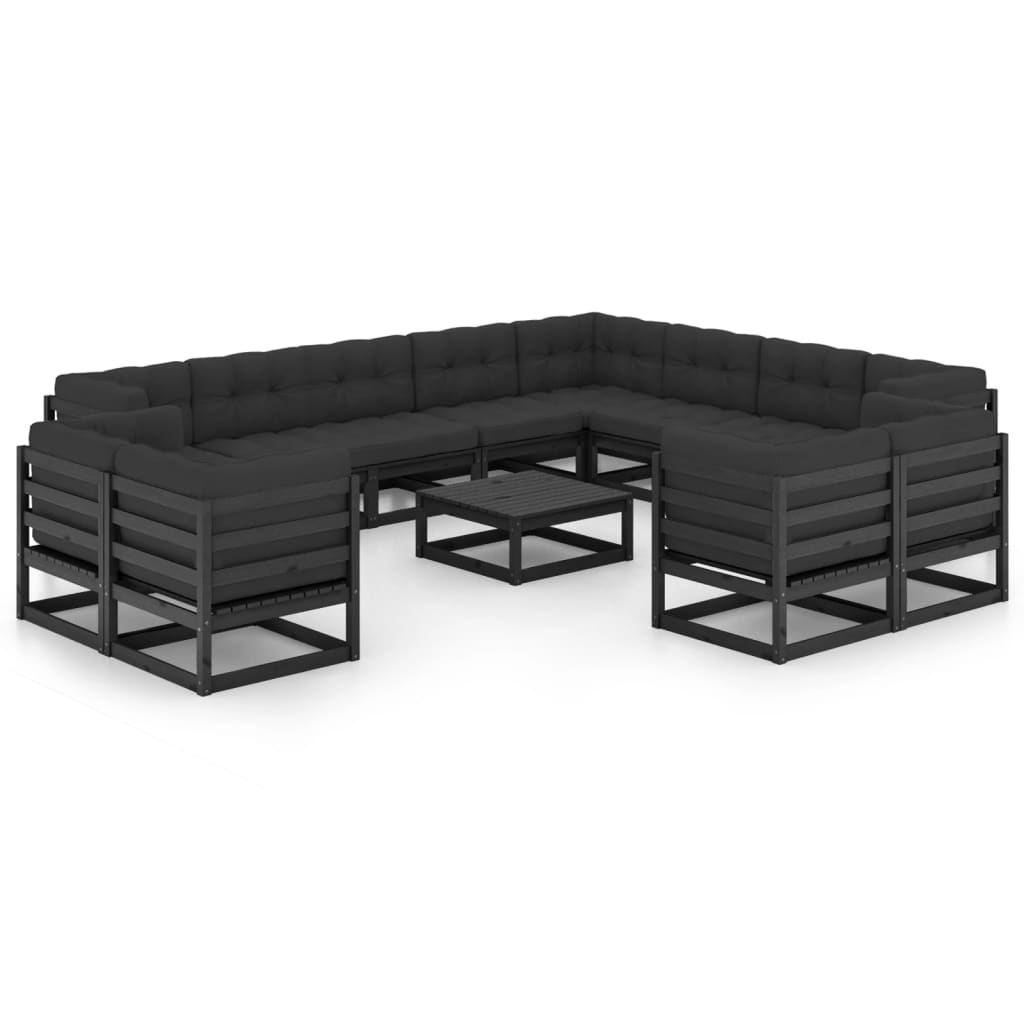 Set mobilier grădină cu perne, 13 piese, negru, lemn masiv pin GartenMobel Dekor