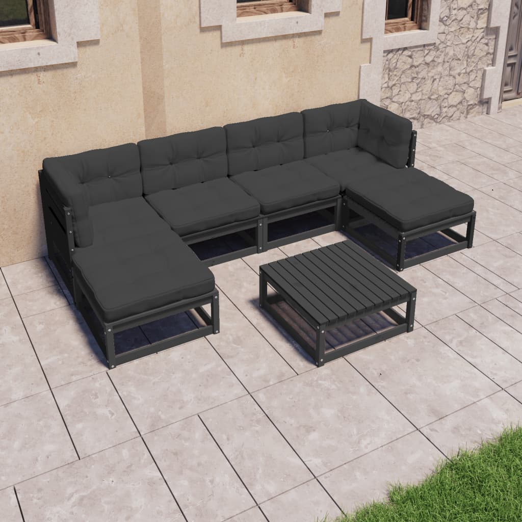 Set mobilier grădină cu perne, 7 piese, negru, lemn masiv pin GartenMobel Dekor