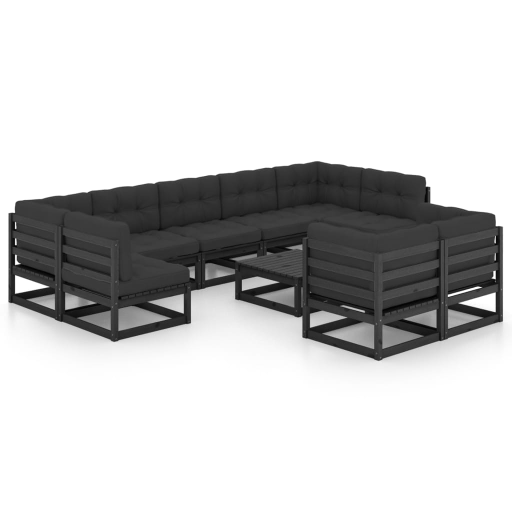 Set mobilier grădină cu perne, 10 piese, negru, lemn masiv pin GartenMobel Dekor