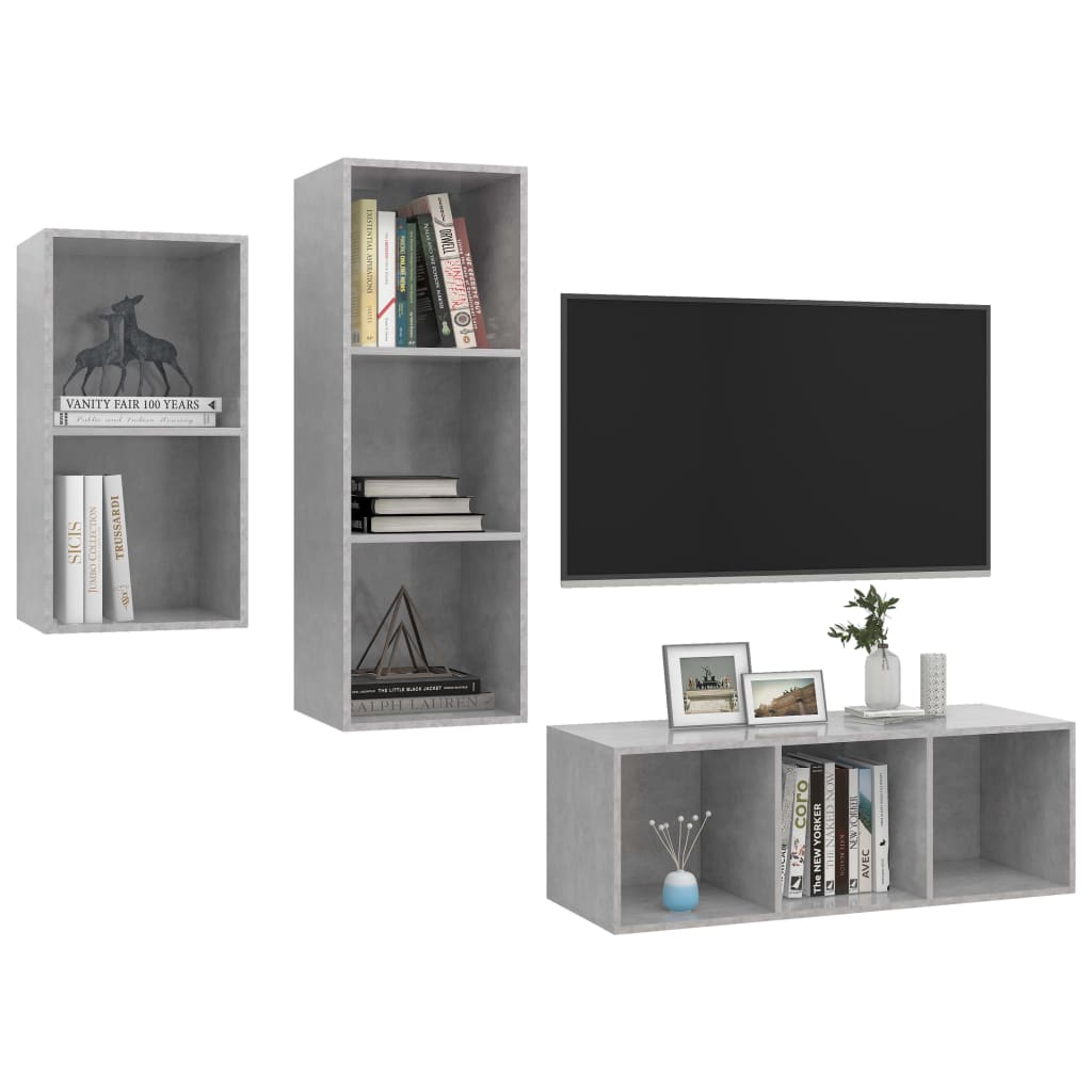 Set de dulapuri TV, 3 piese, gri beton, lemn prelucrat GartenMobel Dekor