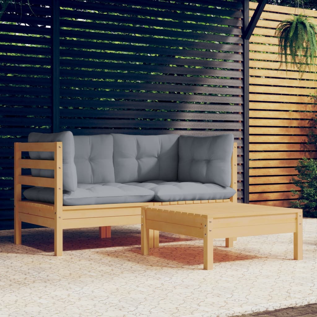 Set mobilier de grădină cu perne gri, 3 piese, lemn masiv pin GartenMobel Dekor