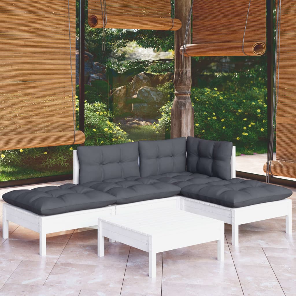 Set mobilier grădină cu perne, 5 piese, alb, lemn de pin GartenMobel Dekor