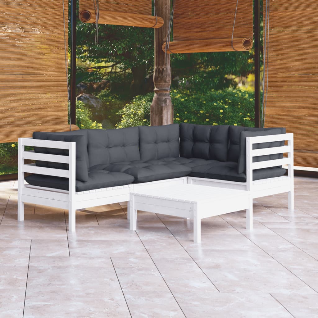 Set mobilier grădină cu perne, 5 piese, alb, lemn de pin GartenMobel Dekor