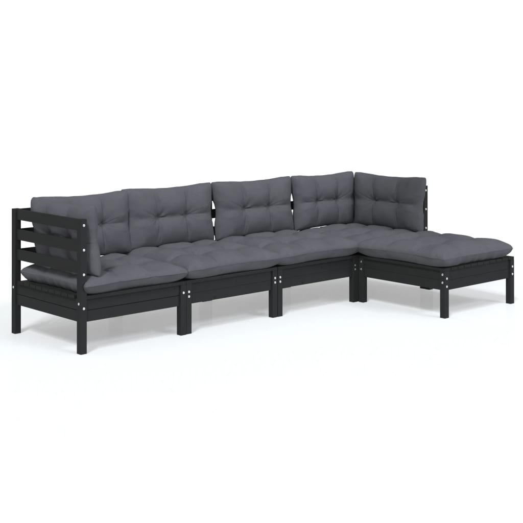 Set mobilier grădină cu perne, 5 piese, negru, lemn de pin GartenMobel Dekor