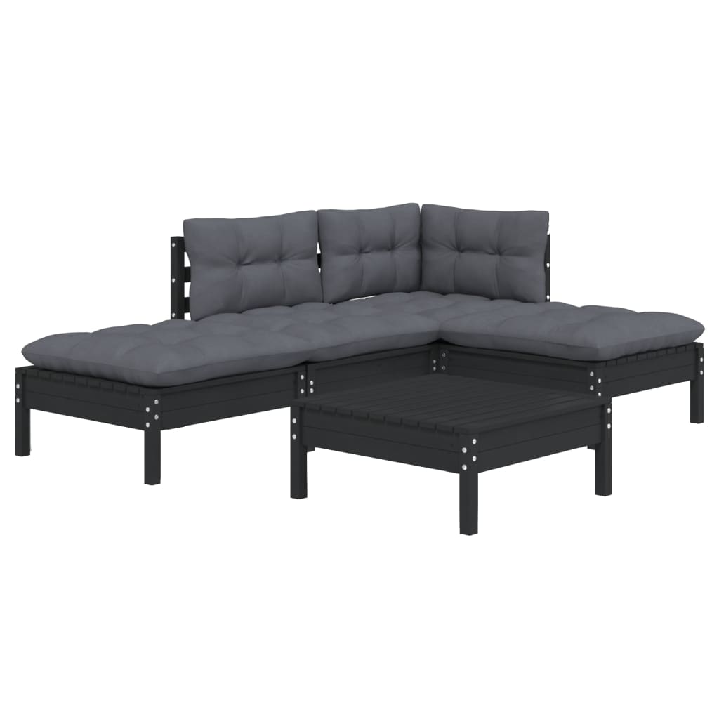 Set mobilier grădină cu perne, 5 piese, negru, lemn de pin GartenMobel Dekor