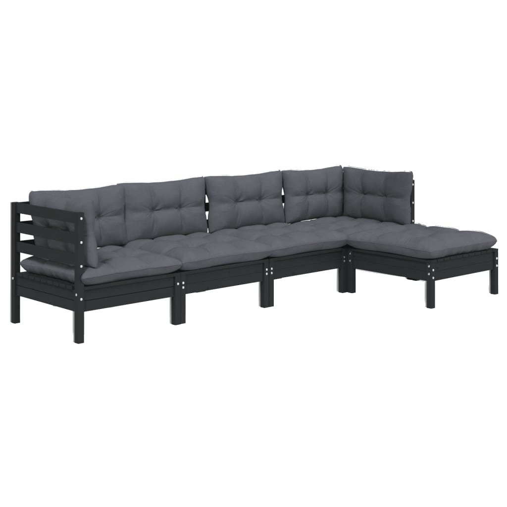 Set mobilier grădină cu perne, 5 piese, negru, lemn de pin GartenMobel Dekor