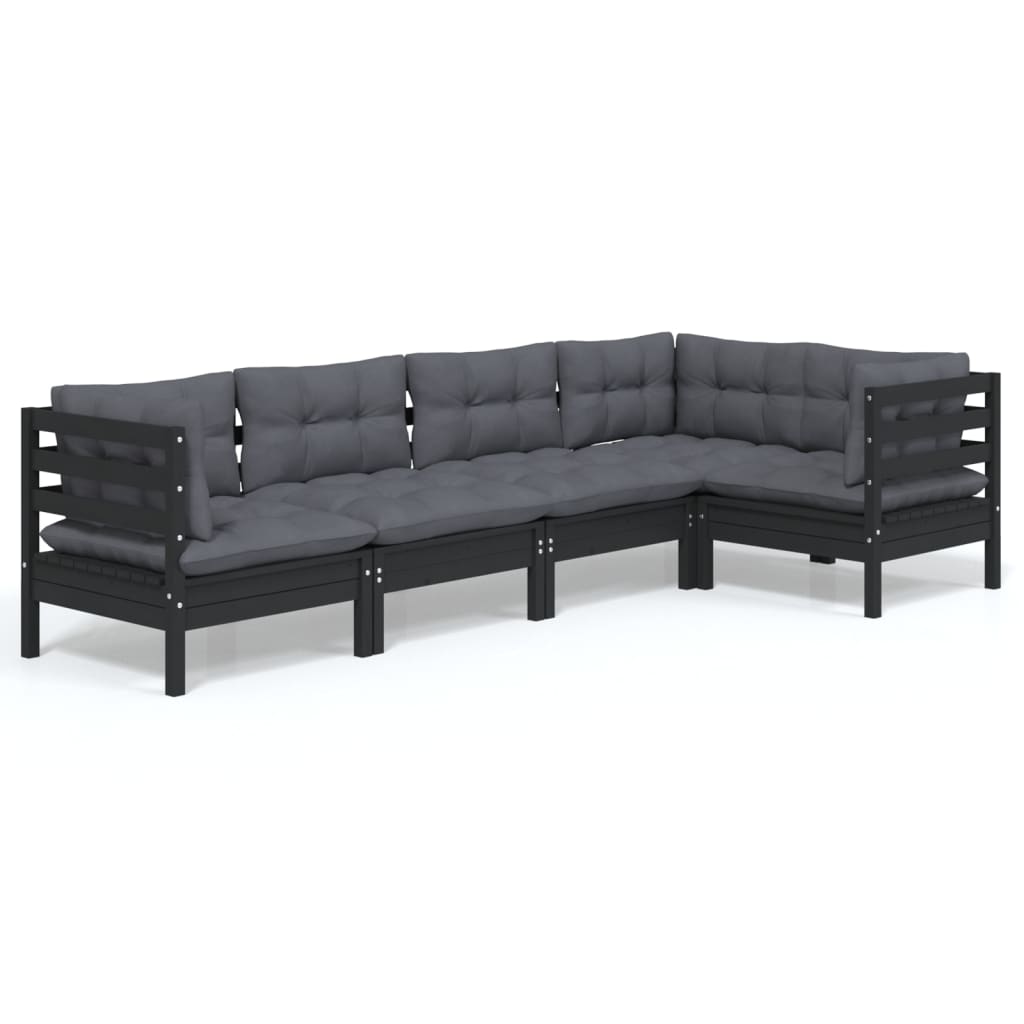 Set mobilier grădină cu perne, 5 piese, negru, lemn de pin GartenMobel Dekor