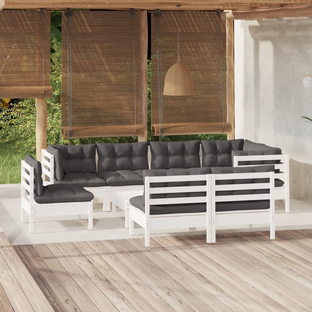 Set mobilier grădină cu perne, 9 piese, alb, lemn masiv pin GartenMobel Dekor
