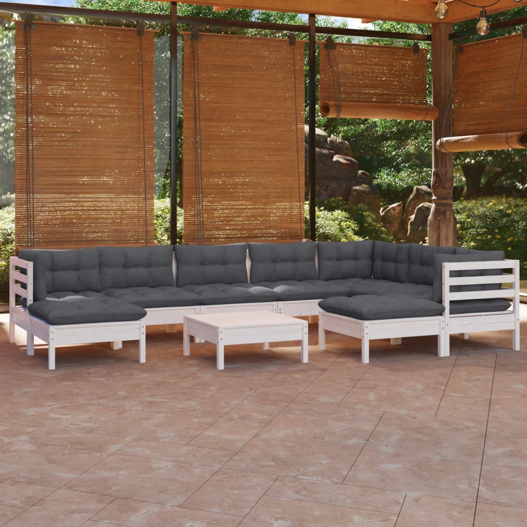 Set mobilier grădină cu perne, 10 piese, alb, lemn masiv pin GartenMobel Dekor