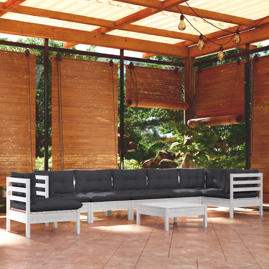 Set mobilier grădină cu perne, 9 piese, alb, lemn masiv pin GartenMobel Dekor