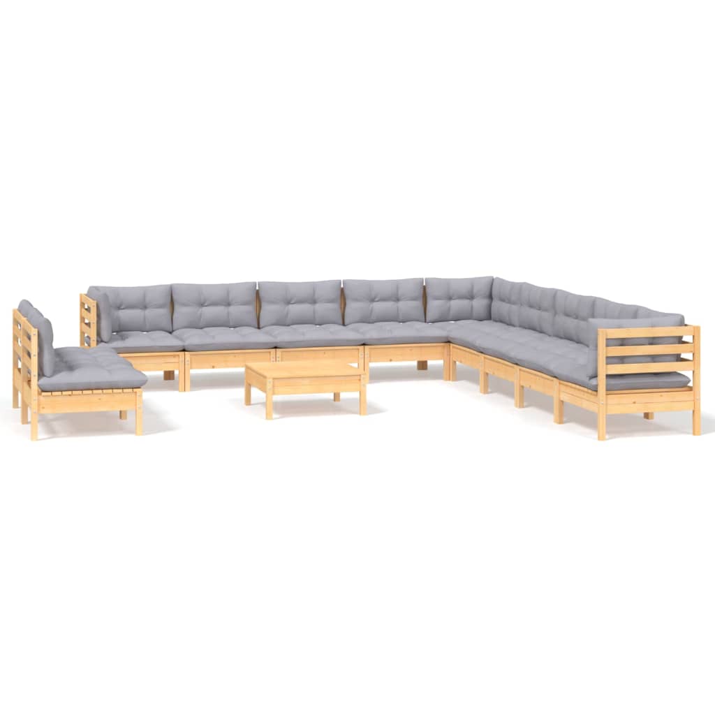 Set mobilier de grădină cu perne, 12 piese, gri, lemn masiv pin GartenMobel Dekor