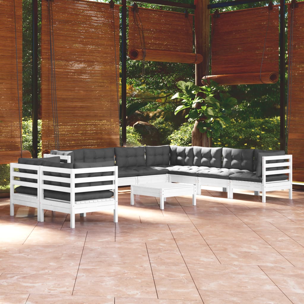 Set mobilier grădină cu perne, 10 piese, alb, lemn masiv pin GartenMobel Dekor