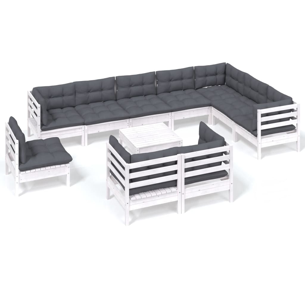 Set mobilier grădină cu perne, 11 piese, alb, lemn masiv pin GartenMobel Dekor
