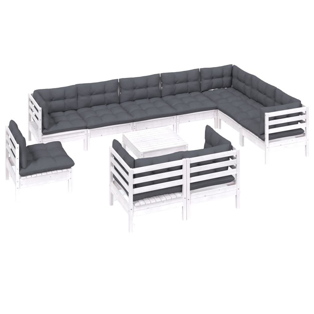 Set mobilier grădină cu perne, 11 piese, alb, lemn masiv pin GartenMobel Dekor