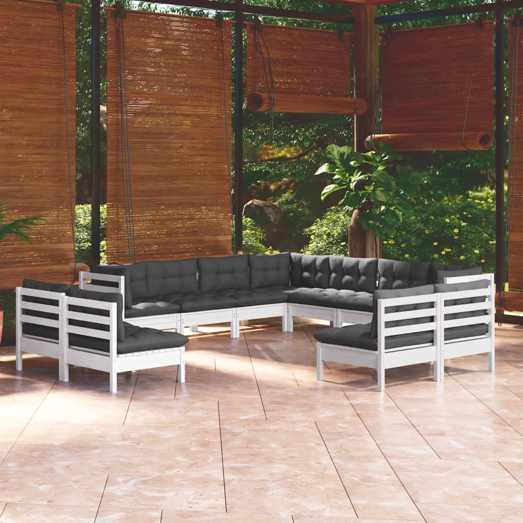 Set mobilier grădină cu perne, 11 piese, alb, lemn masiv pin GartenMobel Dekor