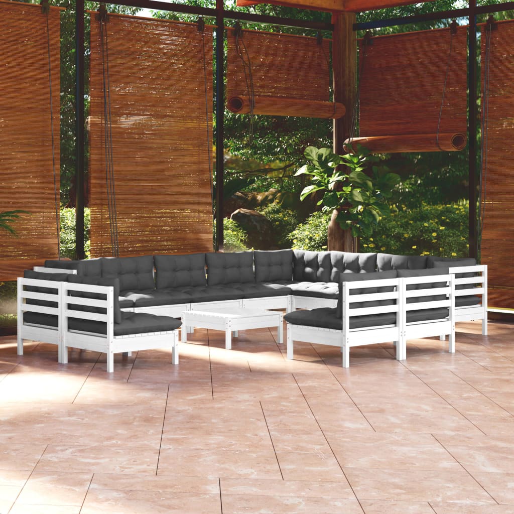 Set mobilier grădină cu perne, 13 piese, alb, lemn masiv pin GartenMobel Dekor