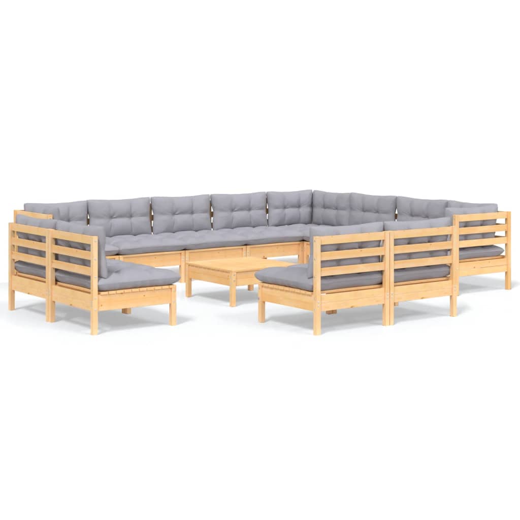 Set mobilier grădină cu perne, 13 piese, gri, lemn masiv pin GartenMobel Dekor