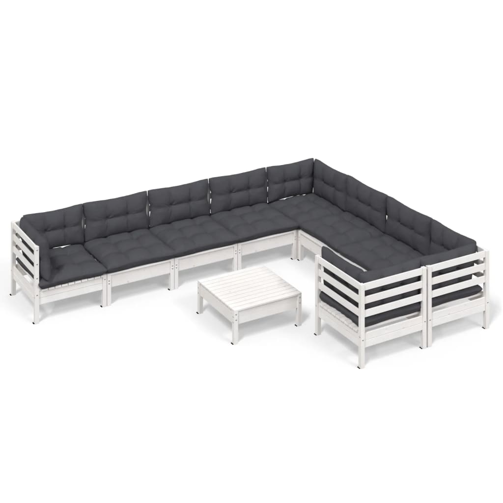 Set mobilier grădină cu perne, 10 piese, alb, lemn de pin GartenMobel Dekor