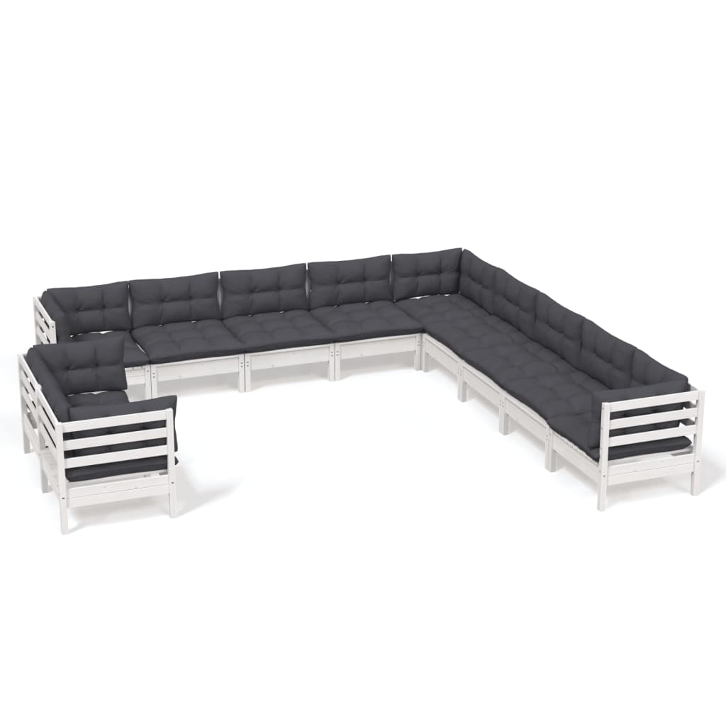Set mobilier grădină cu perne, 11 piese, alb, lemn masiv de pin GartenMobel Dekor