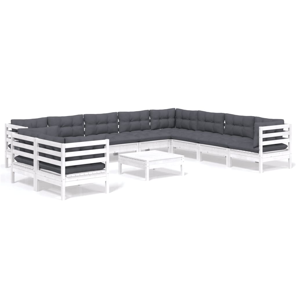 Set mobilier grădină cu perne, 11 piese, alb, lemn masiv pin GartenMobel Dekor