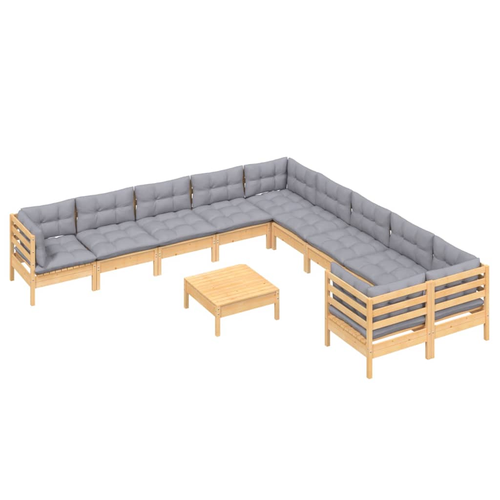 Set mobilier grădină cu perne, 11 piese, gri, lemn de pin GartenMobel Dekor