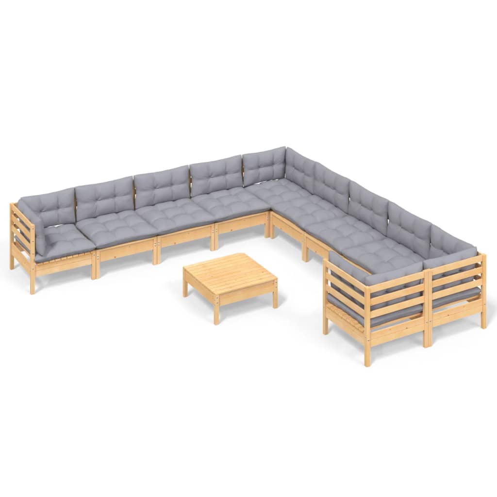 Set mobilier grădină cu perne, 11 piese, gri, lemn de pin GartenMobel Dekor
