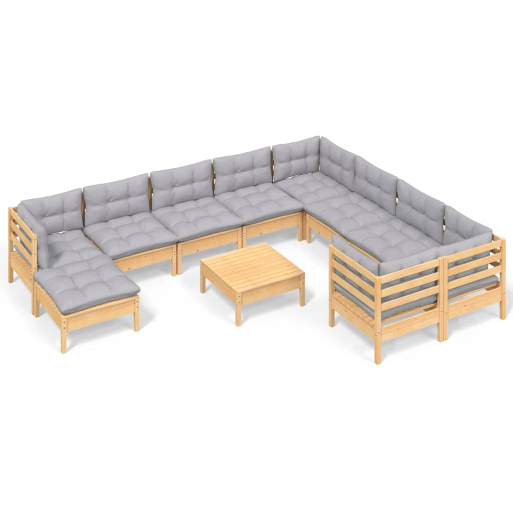 Set mobilier grădină cu perne, 11 piese, gri, lemn masiv pin GartenMobel Dekor