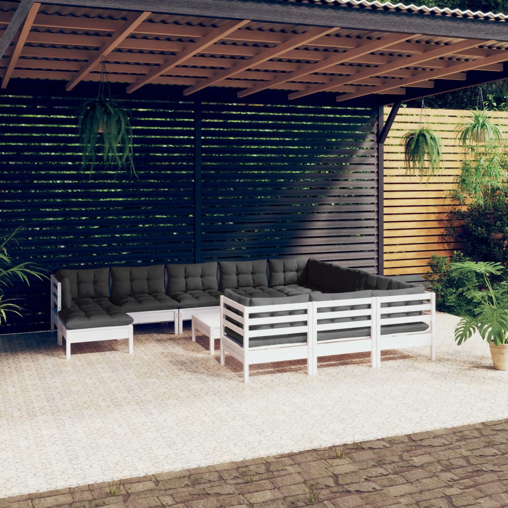Set mobilier grădină cu perne, 12 piese, alb, lemn de pin GartenMobel Dekor