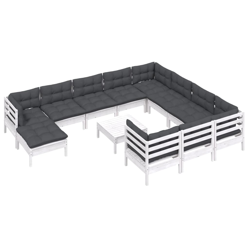Set mobilier grădină cu perne, 12 piese, alb, lemn de pin GartenMobel Dekor