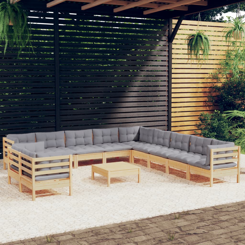 Set mobilier grădină cu perne, 12 piese, gri, lemn masiv pin GartenMobel Dekor