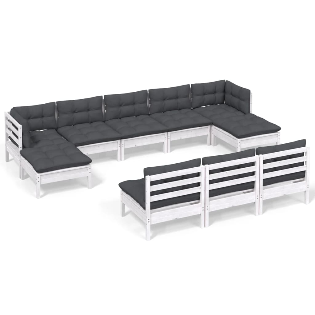 Set mobilier de grădină cu perne, 10 piese, alb, lemn de pin GartenMobel Dekor