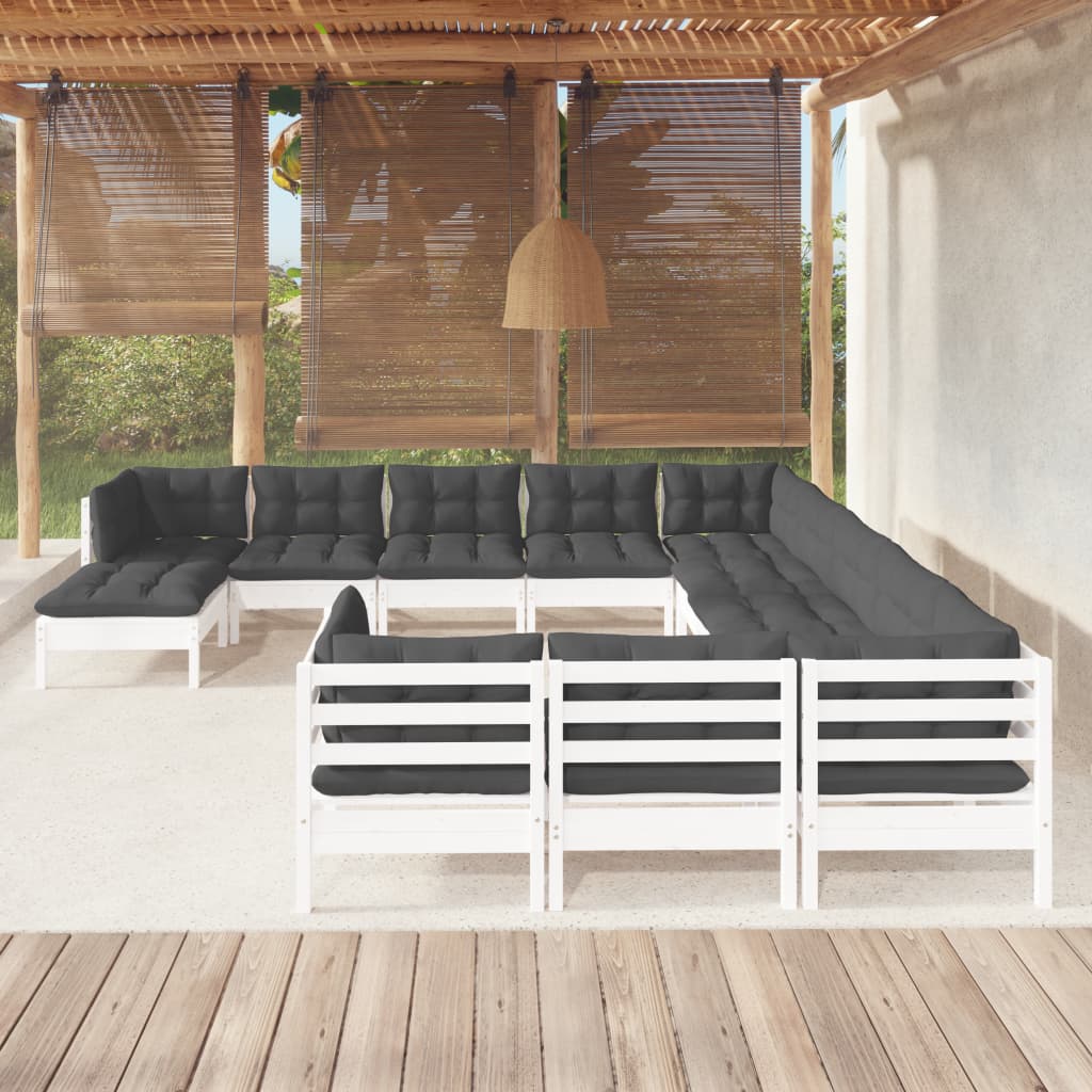 Set mobilier de grădină cu perne, 12 piese, alb, lemn de pin GartenMobel Dekor