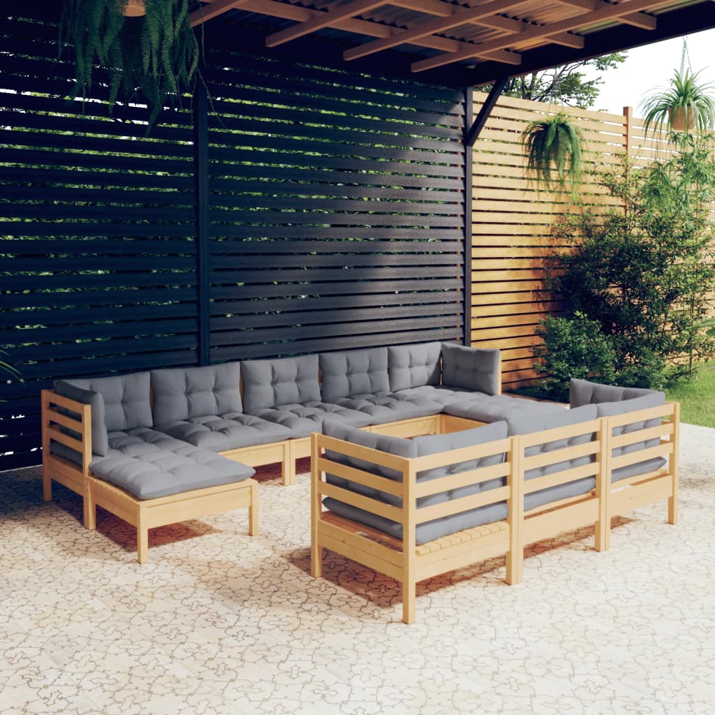 Set mobilier grădină cu perne, 10 piese, gri, lemn masiv pin GartenMobel Dekor