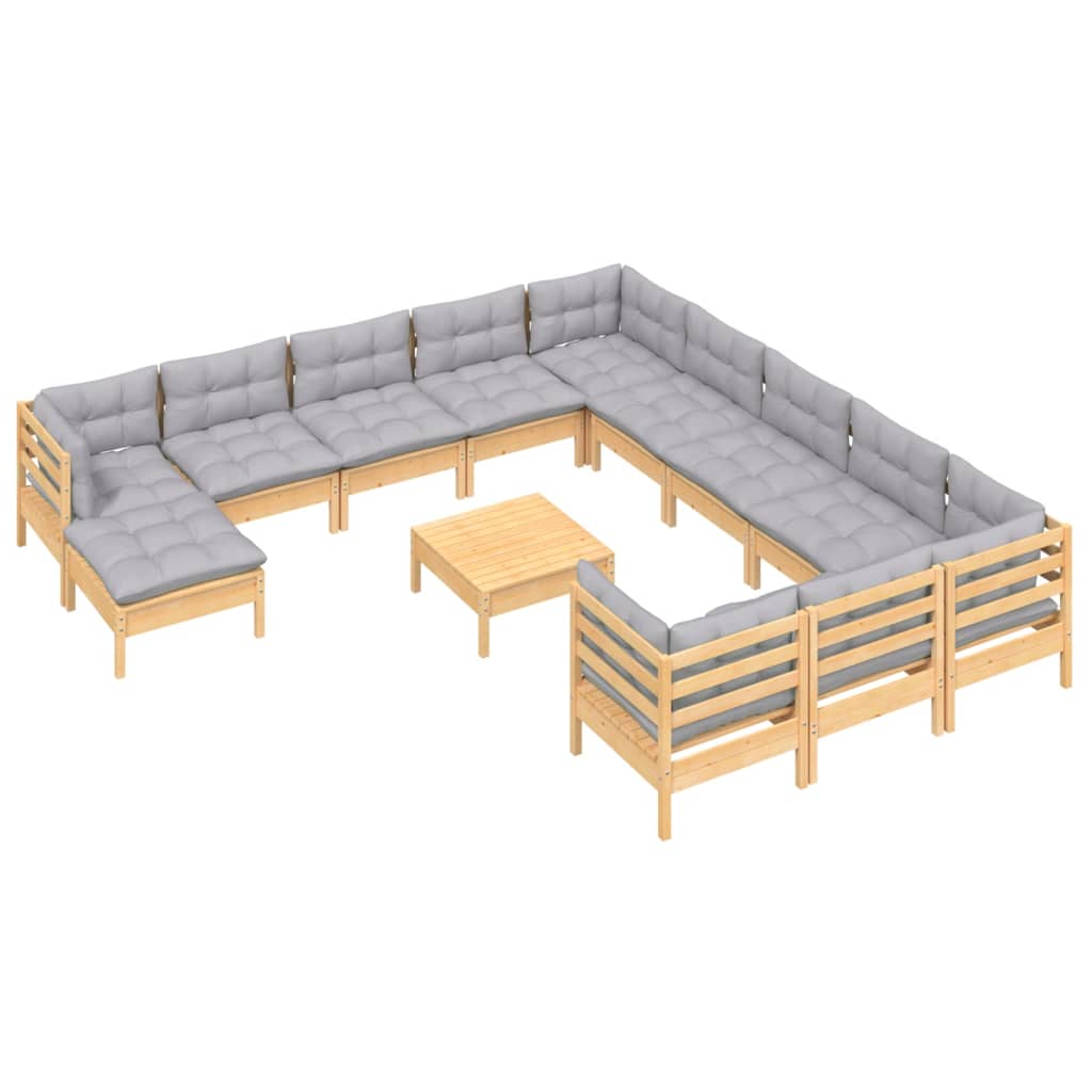 Set mobilier grădină cu perne, 13 piese, gri, lemn de pin GartenMobel Dekor
