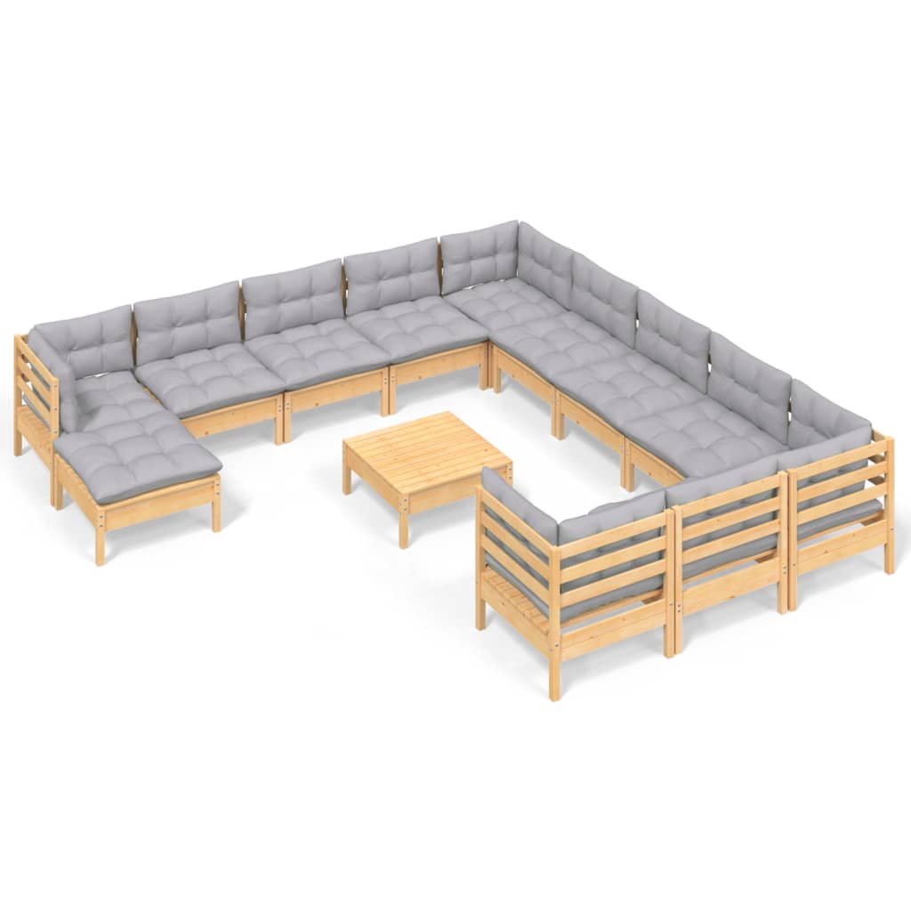 Set mobilier grădină cu perne, 13 piese, gri, lemn de pin GartenMobel Dekor
