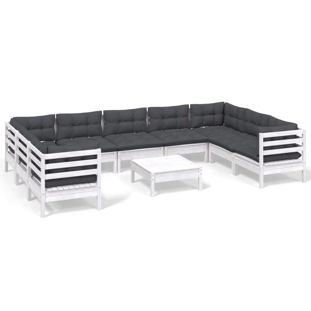 Set mobilier de grădină cu perne, 10 piese, alb, lemn masiv pin GartenMobel Dekor
