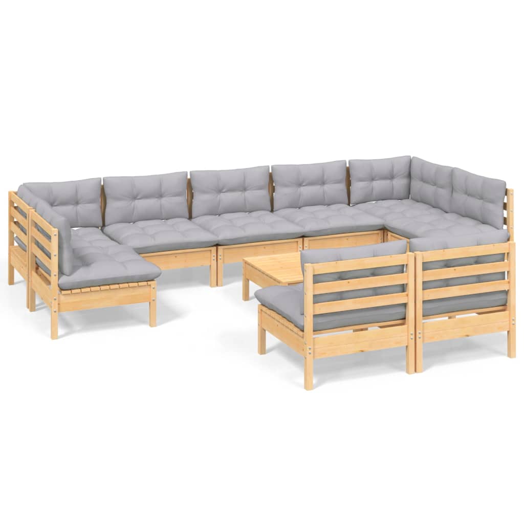 Set mobilier de grădină cu perne, 10 piese, gri, lemn masiv pin GartenMobel Dekor