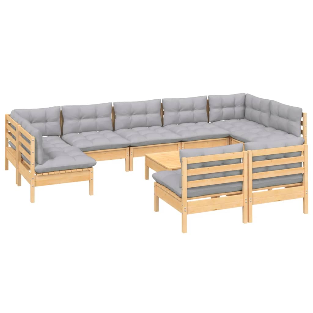 Set mobilier de grădină cu perne, 10 piese, gri, lemn masiv pin GartenMobel Dekor