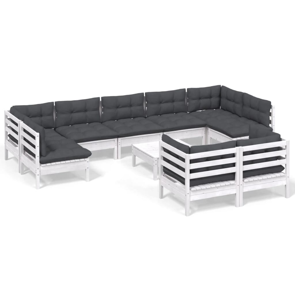 Set mobilier grădină cu perne, 10 piese, alb, lemn masiv pin GartenMobel Dekor