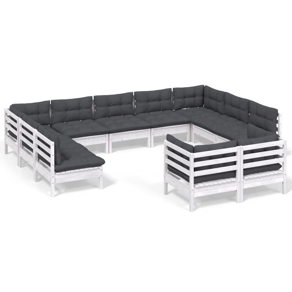 Set mobilier grădină cu perne, 11 piese, alb, lemn masiv de pin GartenMobel Dekor