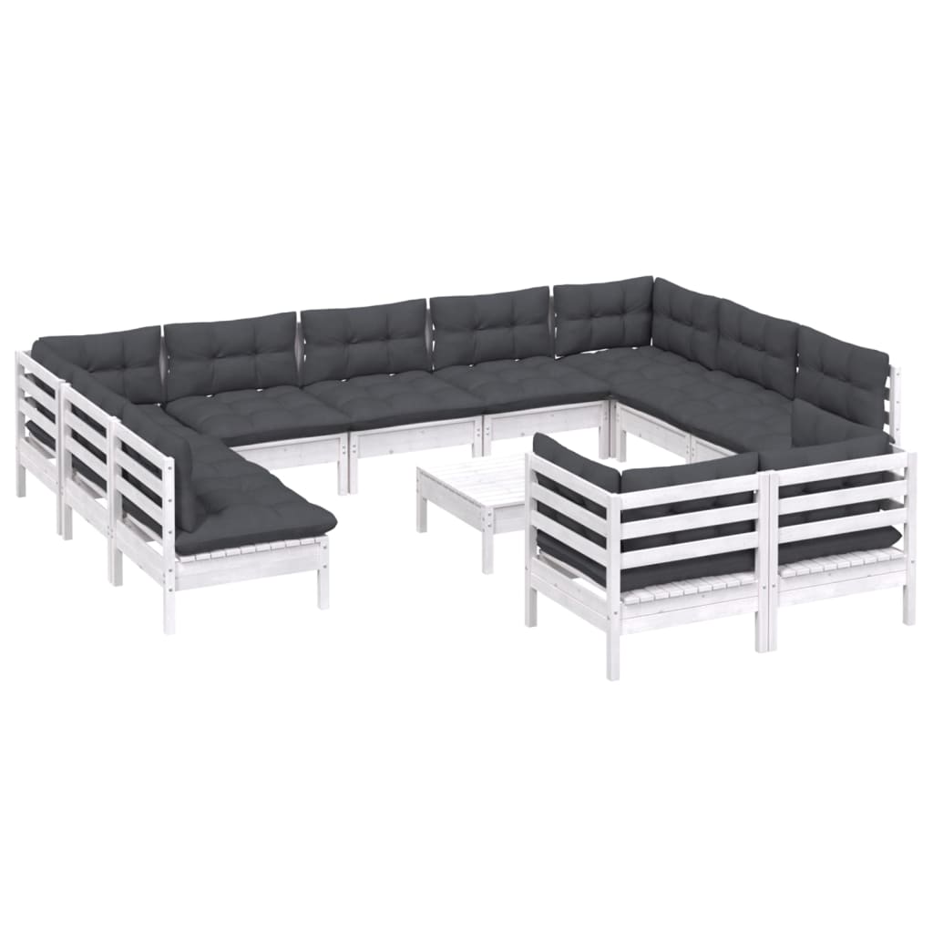 Set mobilier grădină cu perne, 12 piese, alb, lemn masiv pin GartenMobel Dekor