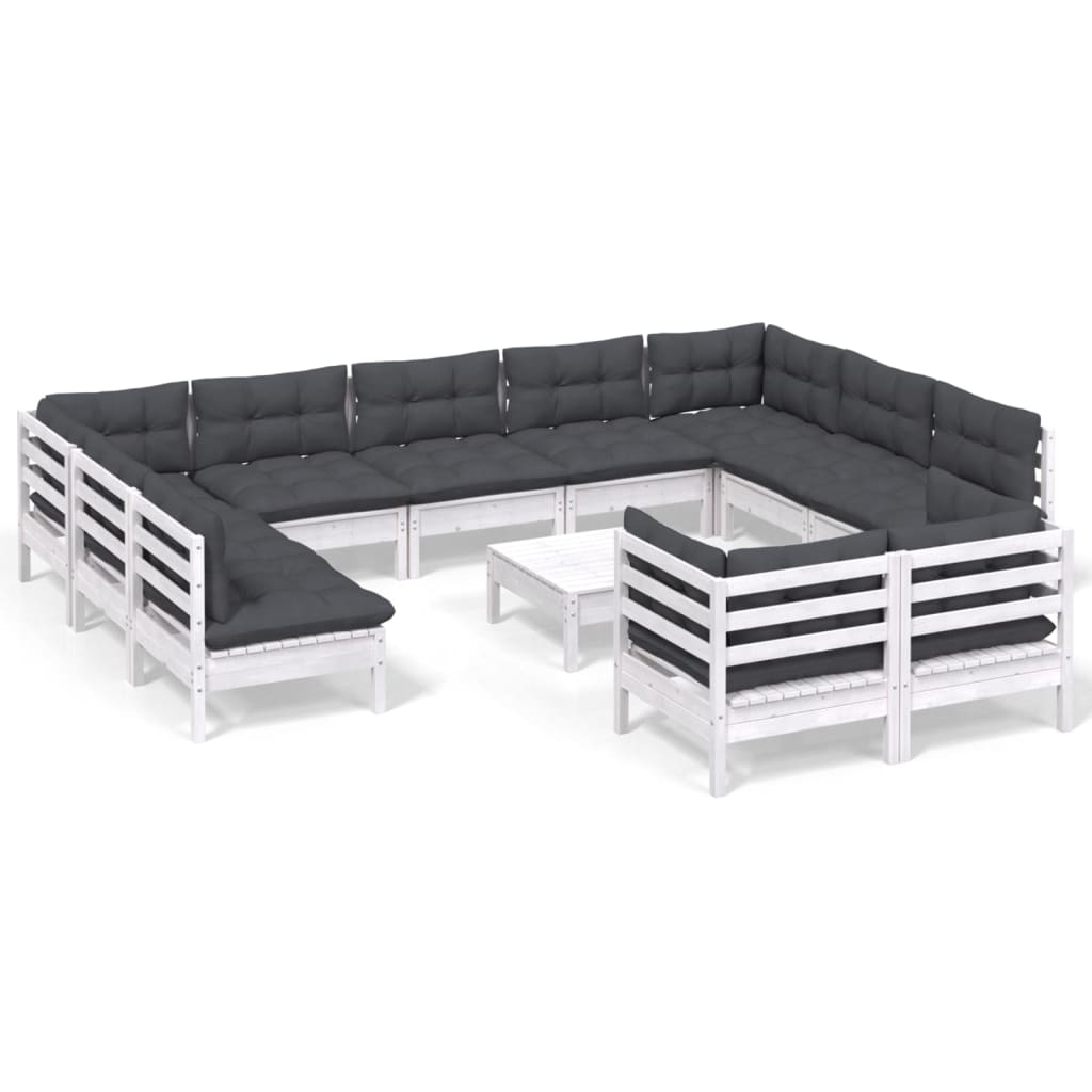 Set mobilier grădină cu perne, 12 piese, alb, lemn masiv pin GartenMobel Dekor