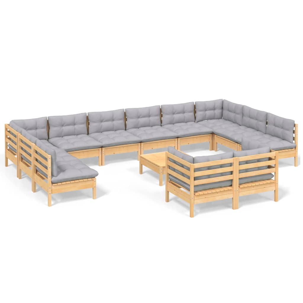 Set mobilier grădină cu perne, 13 piese, gri, lemn de pin GartenMobel Dekor