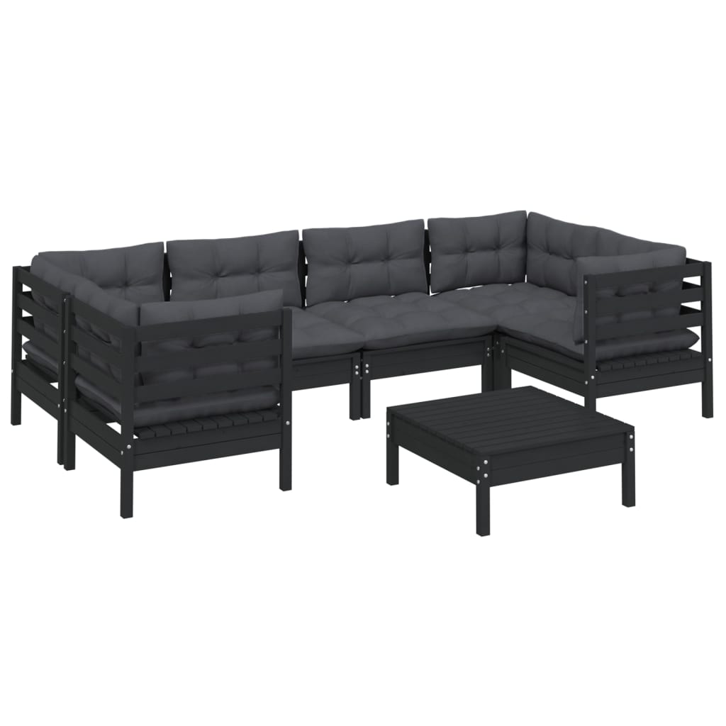 Set mobilier grădină cu perne, 7 piese, negru, lemn de pin GartenMobel Dekor