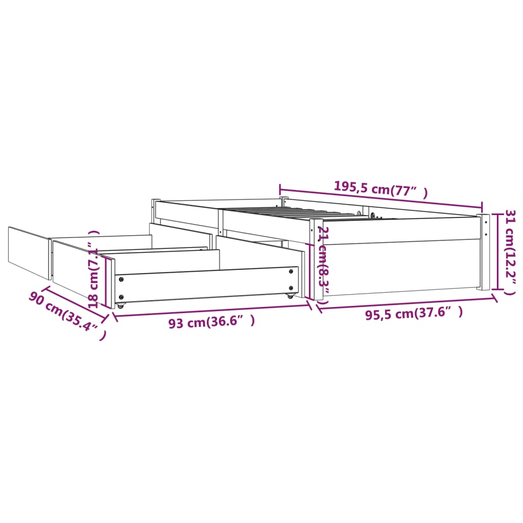 Cadru de pat cu sertare Single 3FT, alb, 90x190 cm GartenMobel Dekor