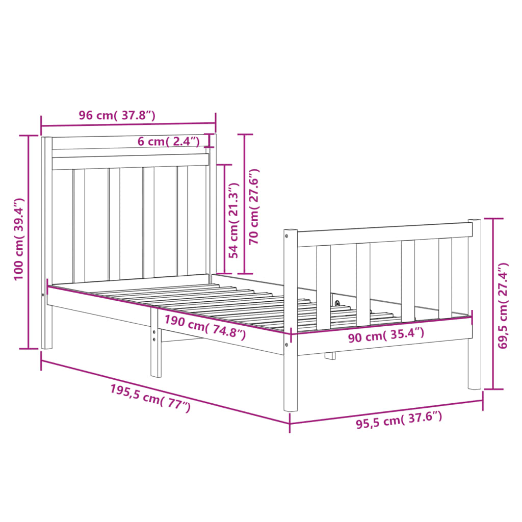 Cadru de pat single, 90x190 cm, lemn masiv GartenMobel Dekor