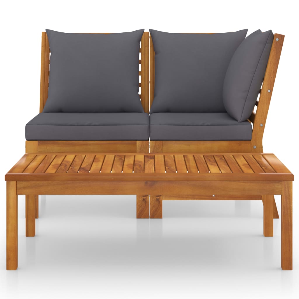 Set mobilier de grădină, 3 piese, perne gri închis, lemn acacia GartenMobel Dekor