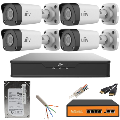 Sistem supraveghere UNV 4 camere IP 5MP IR 30M PoE NVR 4 canale cu accesorii HDD 500GB incluse SafetyGuard Surveillance