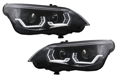 Faruri 3D LED Angel Eyes BMW Seria 5 E60 E61 (2003-2007) LCI Design Negru Performance AutoTuning