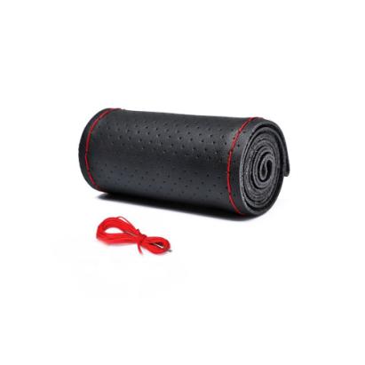 Husa volan cu ac si ata piele cu gaurele marime 2XL 45cm latime 11.5cm negru cusatura rosie Premium Cod: LUXFST01 Automotive TrustedCars